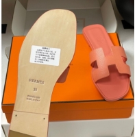 Lower Price Hermes Oran Classic Flat Slides Sandal in Palm-Grained Calfskin Peachy Pink 0819021
