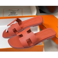 Shop Duplicate Hermes Oran Classic Flat Slides Sandal in Palm-Grained Calfskin Brown 0819022
