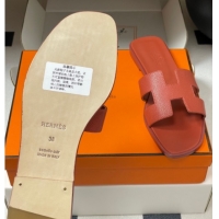 Shop Duplicate Hermes Oran Classic Flat Slides Sandal in Palm-Grained Calfskin Brown 0819022
