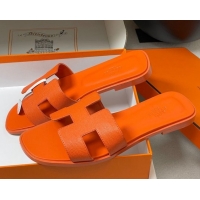 Charming Hermes Oran Classic Flat Slides Sandal in Palm-Grained Calfskin Orange 0819023