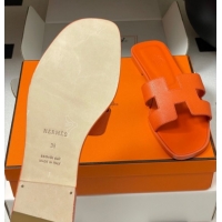 Charming Hermes Oran Classic Flat Slides Sandal in Palm-Grained Calfskin Orange 0819023