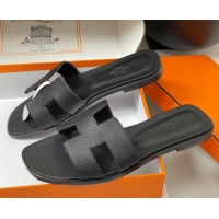 Top Design Hermes Oran Classic Flat Slides Sandal in Palm-Grained Calfskin Black H081803 0819024