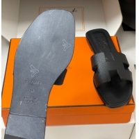Top Design Hermes Oran Classic Flat Slides Sandal in Palm-Grained Calfskin Black H081803 0819024