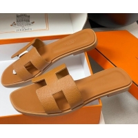 Unique Discount Hermes Oran Classic Flat Slides Sandal in Palm-Grained Calfskin Brown H081803