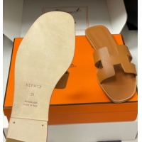 Unique Discount Hermes Oran Classic Flat Slides Sandal in Palm-Grained Calfskin Brown H081803