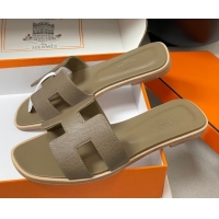 Pretty Style Hermes Oran Classic Flat Slides Sandal in Palm-Grained Calfskin Elephant H081803 0819026