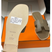 Pretty Style Hermes Oran Classic Flat Slides Sandal in Palm-Grained Calfskin Elephant H081803 0819026