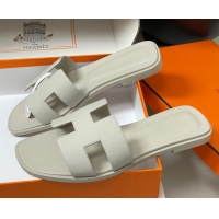 Top Grade Hermes Oran Classic Flat Slides Sandal in Palm-Grained Calfskin Light Grey H081803