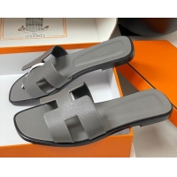 Sumptuous Hermes Oran Classic Flat Slides Sandal in Palm-Grained Calfskin Dark Grey H081803