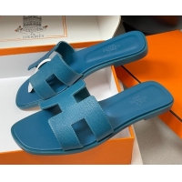 Low Cost Hermes Oran Classic Flat Slides Sandal in Palm-Grained Calfskin Denim Blue H081803