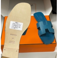 Low Cost Hermes Oran Classic Flat Slides Sandal in Palm-Grained Calfskin Denim Blue H081803