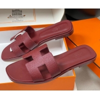 Unique Style Hermes Oran Classic Flat Slides Sandal in Palm-Grained Calfskin Dark Burgundy 2025 H081803 0819034