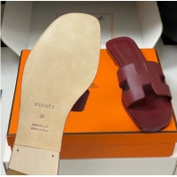 Unique Style Hermes Oran Classic Flat Slides Sandal in Palm-Grained Calfskin Dark Burgundy 2025 H081803 0819034