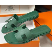Cheap Price Hermes Oran Classic Flat Slides Sandal in Palm-Grained Calfskin Deep Green H081803