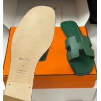Cheap Price Hermes Oran Classic Flat Slides Sandal in Palm-Grained Calfskin Deep Green H081803