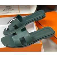 Feminine Hermes Oran Classic Flat Slides Sandal in Palm-Grained Calfskin Dark Green 2025 H081803