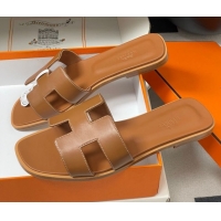 Grade Quality Hermes Oran Classic Flat Slides Sandal in Smooth Calfskin Brown 2025 H081803