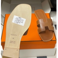 Grade Quality Hermes Oran Classic Flat Slides Sandal in Smooth Calfskin Brown 2025 H081803