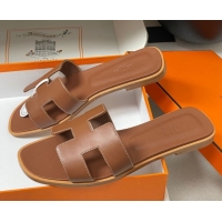 Luxury Hermes Oran Classic Flat Slides Sandal in Smooth Calfskin Brown 2025 H081803