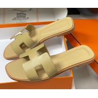 Shop Duplicate Hermes Oran Classic Flat Slides Sandal in Smooth Calfskin Beige 2025 H081803