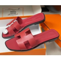 Feminine Hermes Oran Classic Flat Slides Sandal in Smooth Calfskin Dark Red 2025 H081803