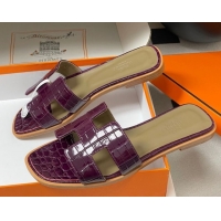 Good Quality Hermes Oran Classic Flat Slides Sandal in Crocodile Embossed Calfskin Dark Purple 2025 H081803