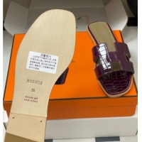 Good Quality Hermes Oran Classic Flat Slides Sandal in Crocodile Embossed Calfskin Dark Purple 2025 H081803