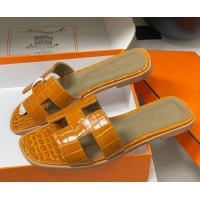 Cheapest Hermes Oran Classic Flat Slides Sandal in Crocodile Embossed Calfskin Orange 2025 H081803