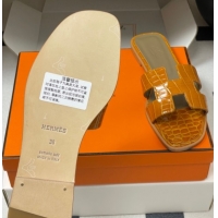 Cheapest Hermes Oran Classic Flat Slides Sandal in Crocodile Embossed Calfskin Orange 2025 H081803