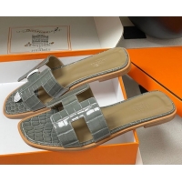 Best Grade Hermes Oran Classic Flat Slides Sandal in Crocodile Embossed Calfskin Grey 2025 H081803