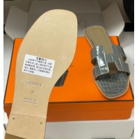 Best Grade Hermes Oran Classic Flat Slides Sandal in Crocodile Embossed Calfskin Grey 2025 H081803