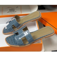 Luxurious Hermes Oran Classic Flat Slides Sandal in Crocodile Embossed Calfskin Blue 2025 H081803