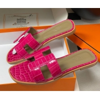 Best Product Hermes Oran Classic Flat Slides Sandal in Crocodile Embossed Calfskin Hot Pink 2025 H081803