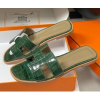 Good Product Hermes Oran Classic Flat Slides Sandal in Crocodile Embossed Calfskin Green 2025 H081803