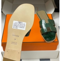 Good Product Hermes Oran Classic Flat Slides Sandal in Crocodile Embossed Calfskin Green 2025 H081803