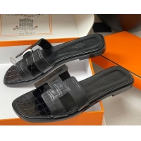 Charming Hermes Oran Classic Flat Slides Sandal in Stone Embossed Calfskin Black 2025 H081803