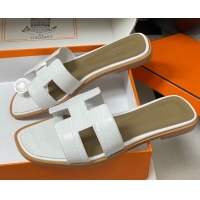 Popular Style Hermes Oran Classic Flat Slides Sandal in Stone Embossed Calfskin White 2025 H081803