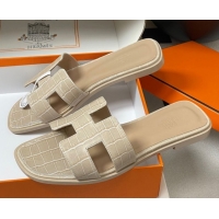 Classic Hot Hermes Oran Classic Flat Slides Sandal in Stone Embossed Calfskin Beige H081803
