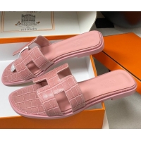 Top Design Hermes Oran Classic Flat Slides Sandal in Stone Embossed Calfskin Pink 2025 H081803