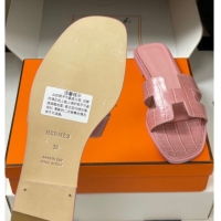 Top Design Hermes Oran Classic Flat Slides Sandal in Stone Embossed Calfskin Pink 2025 H081803