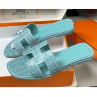 Cheap Price Hermes Oran Classic Flat Slides Sandal in Stone Embossed Calfskin Light Blue H081803