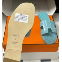 Cheap Price Hermes Oran Classic Flat Slides Sandal in Stone Embossed Calfskin Light Blue H081803