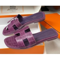Good Product Hermes Oran Classic Flat Slides Sandal in Stone Embossed Calfskin Dark Purple 2025 H081803