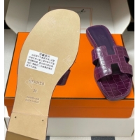 Good Product Hermes Oran Classic Flat Slides Sandal in Stone Embossed Calfskin Dark Purple 2025 H081803