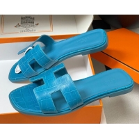 Hot Style Hermes Oran Classic Flat Slides Sandal in Stone Embossed Calfskin Blue2 2025 H081803