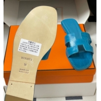 Hot Style Hermes Oran Classic Flat Slides Sandal in Stone Embossed Calfskin Blue2 2025 H081803