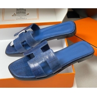 Big Discount Hermes Oran Classic Flat Slides Sandal in Stone Embossed Calfskin Navy Blue 2025 H081803