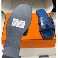 Big Discount Hermes Oran Classic Flat Slides Sandal in Stone Embossed Calfskin Navy Blue 2025 H081803