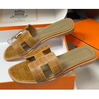 Top Design Hermes Oran Classic Flat Slides Sandal in Stone Embossed Calfskin Brown 2025 H081803