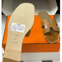 Top Design Hermes Oran Classic Flat Slides Sandal in Stone Embossed Calfskin Brown 2025 H081803